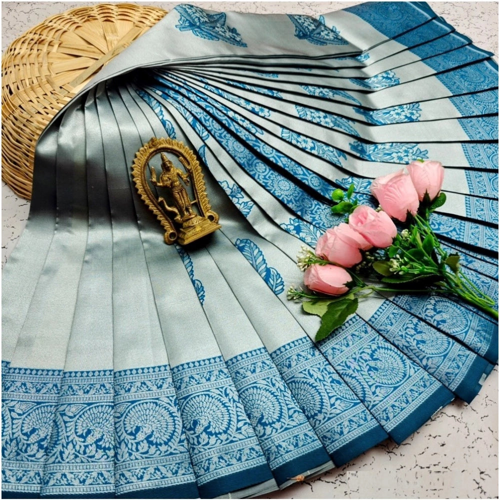 Generic Women's Soft Silk Printed Saree With Unstitched Blouse 5.5Mtr (Silver Blue)