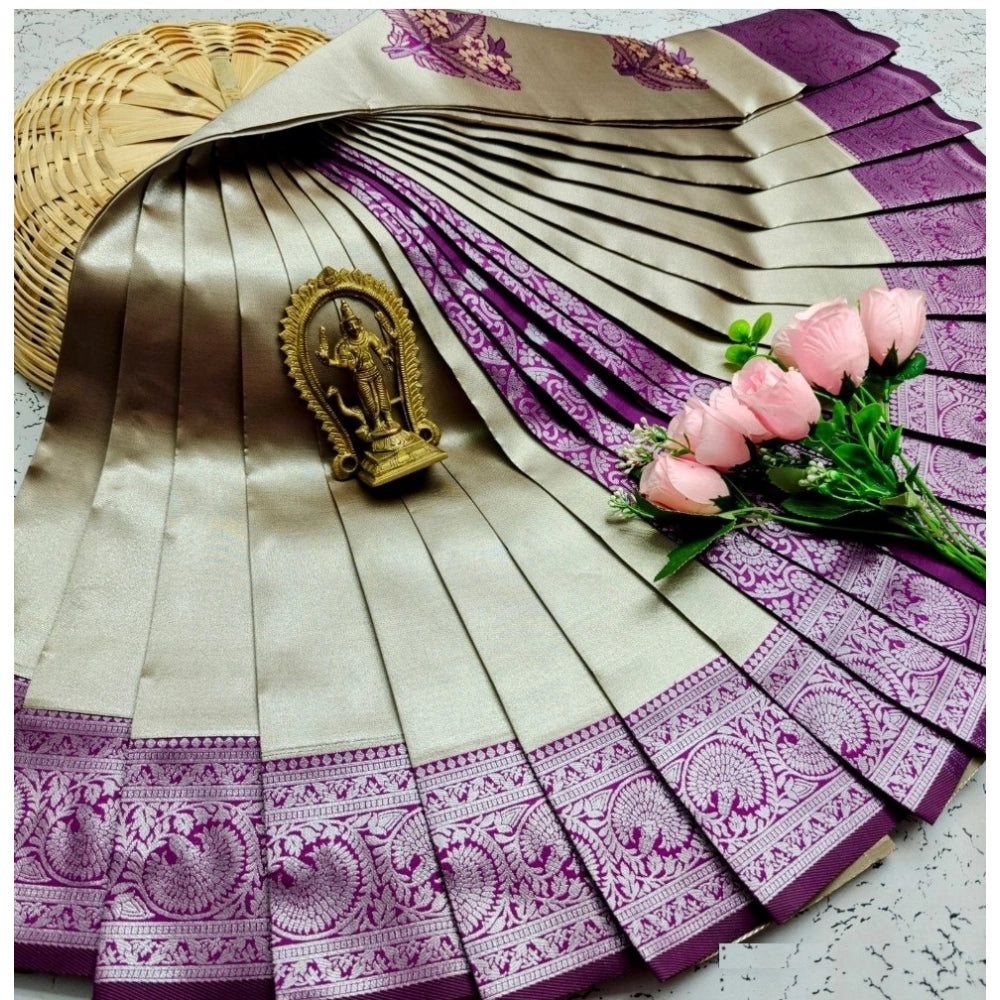Generic Women's Soft Silk Printed Saree With Unstitched Blouse 5.5Mtr (Purple)