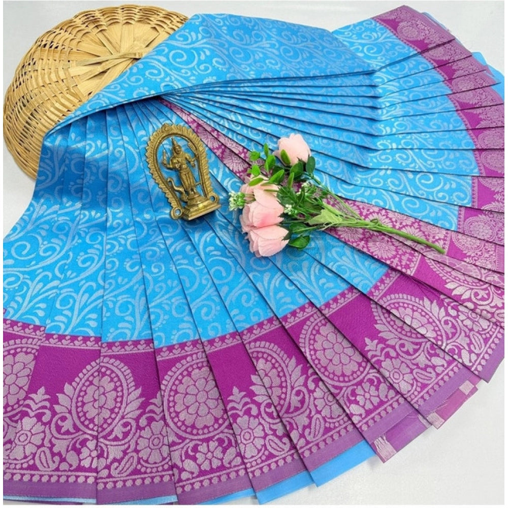 Generic Women's Soft Silk Printed Saree With Unstitched Blouse 5.5Mtr (Sky Blue)