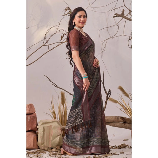 Generic Women's Faux_Linen Printed Saree With Unstitched Blouse 5.5Mtr (Brown)