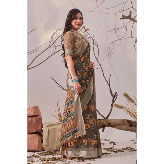Generic Women's Faux_Linen Printed Saree With Unstitched Blouse 5.5Mtr (Slate_Grey)