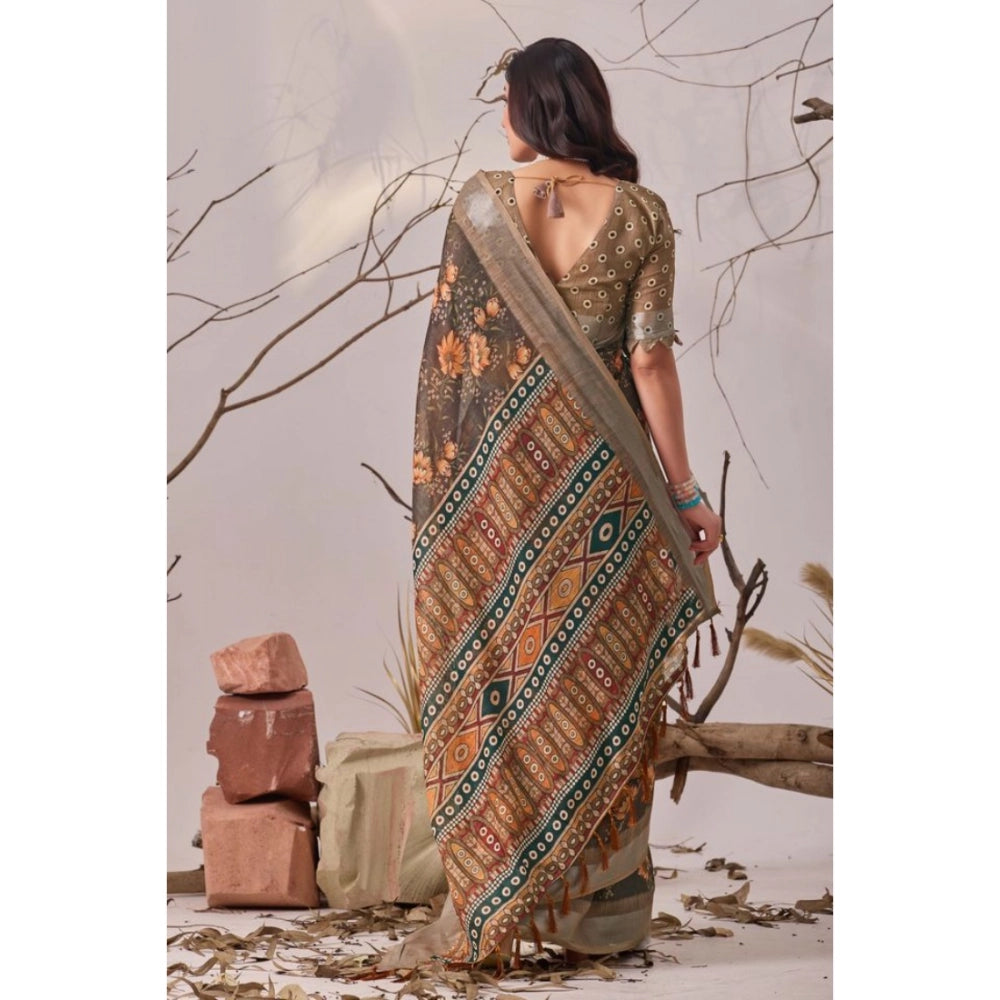 Generic Women's Faux_Linen Printed Saree With Unstitched Blouse 5.5Mtr (Slate_Grey)