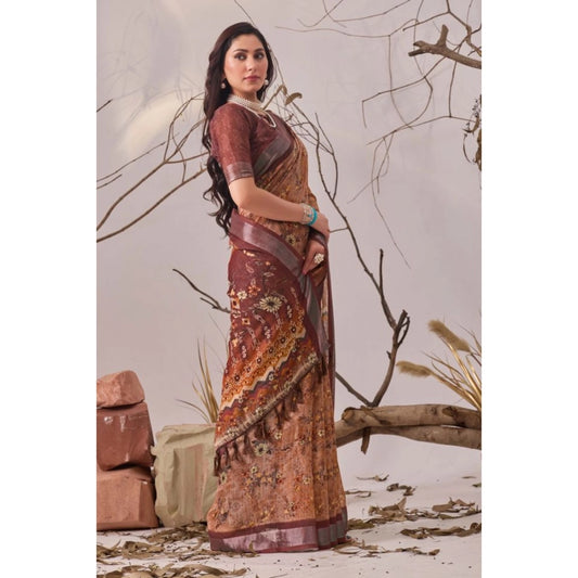 Generic Women's Faux_Linen Printed Saree With Unstitched Blouse 5.5Mtr (Bronze)