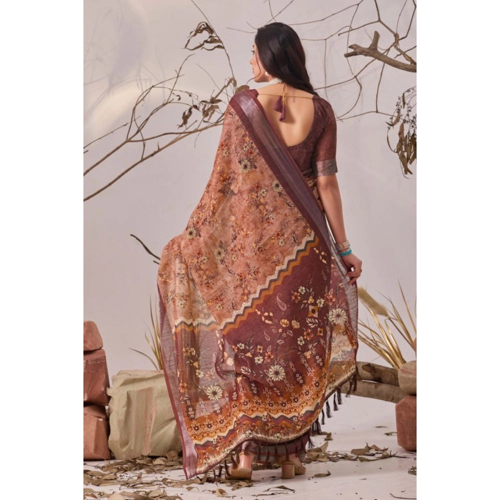 Generic Women's Faux_Linen Printed Saree With Unstitched Blouse 5.5Mtr (Bronze)