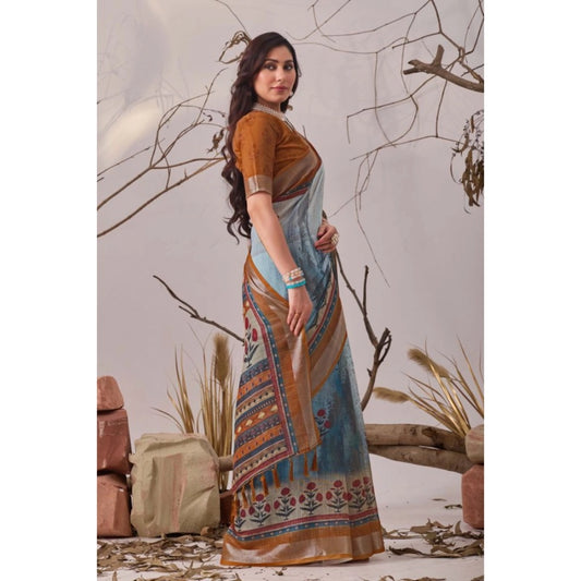 Generic Women's Faux_Linen Printed Saree With Unstitched Blouse 5.5Mtr (Blue)