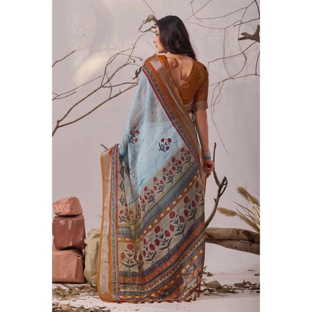 Generic Women's Faux_Linen Printed Saree With Unstitched Blouse 5.5Mtr (Blue)