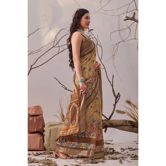 Generic Women's Faux_Linen Printed Saree With Unstitched Blouse 5.5Mtr (Beige)