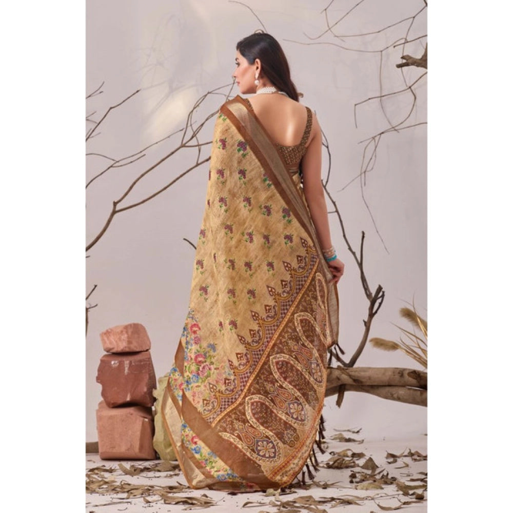 Generic Women's Faux_Linen Printed Saree With Unstitched Blouse 5.5Mtr (Beige)