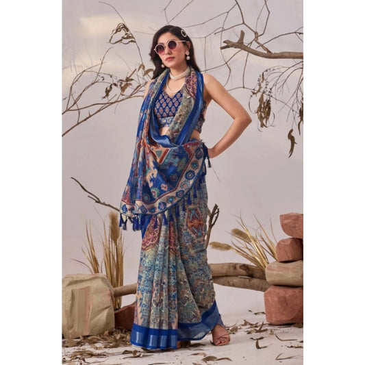 Generic Women's Faux_Linen Printed Saree With Unstitched Blouse 5.5Mtr (Navy_Blue)