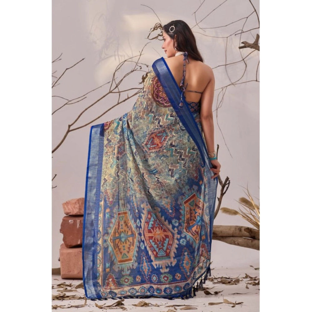 Generic Women's Faux_Linen Printed Saree With Unstitched Blouse 5.5Mtr (Navy_Blue)