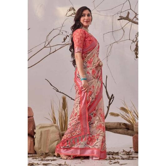 Generic Women's Faux_Linen Printed Saree With Unstitched Blouse 5.5Mtr (Peach)