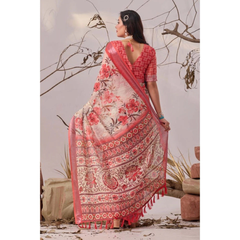 Generic Women's Faux_Linen Printed Saree With Unstitched Blouse 5.5Mtr (Peach)