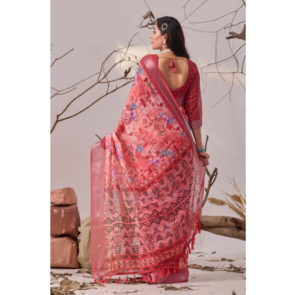 Generic Women's Faux_Linen Printed Saree With Unstitched Blouse 5.5Mtr (Rose)