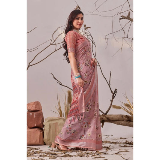 Generic Women's Faux_Linen Printed Saree With Unstitched Blouse 5.5Mtr (Mauve)