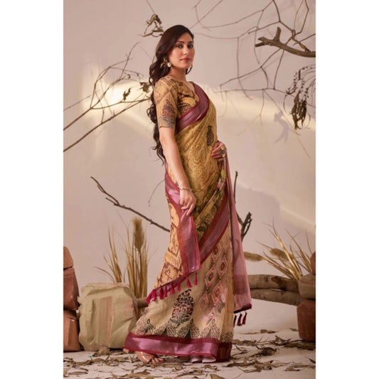 Generic Women's Faux_Linen Printed Saree With Unstitched Blouse 5.5Mtr (Mustard)