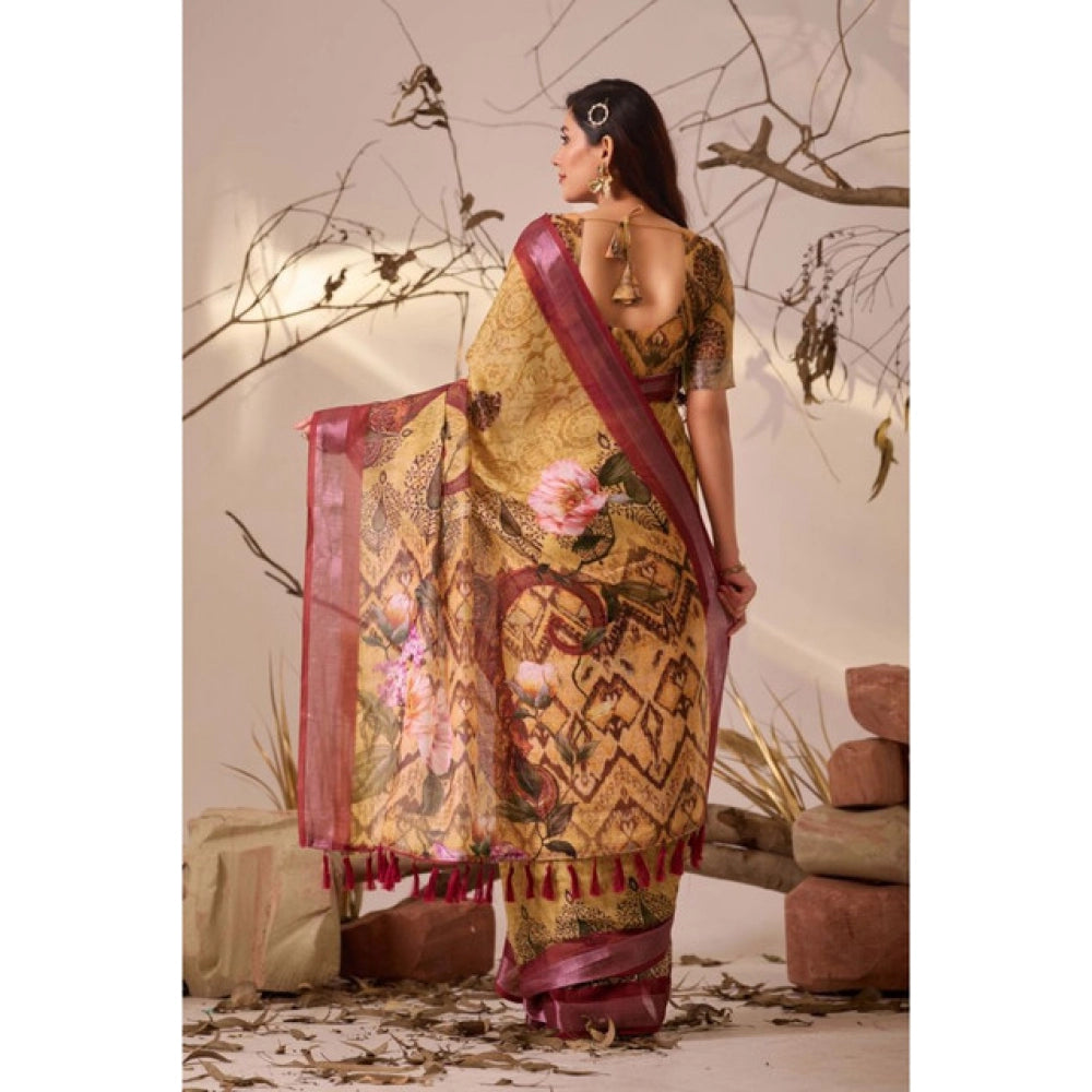 Generic Women's Faux_Linen Printed Saree With Unstitched Blouse 5.5Mtr (Mustard)
