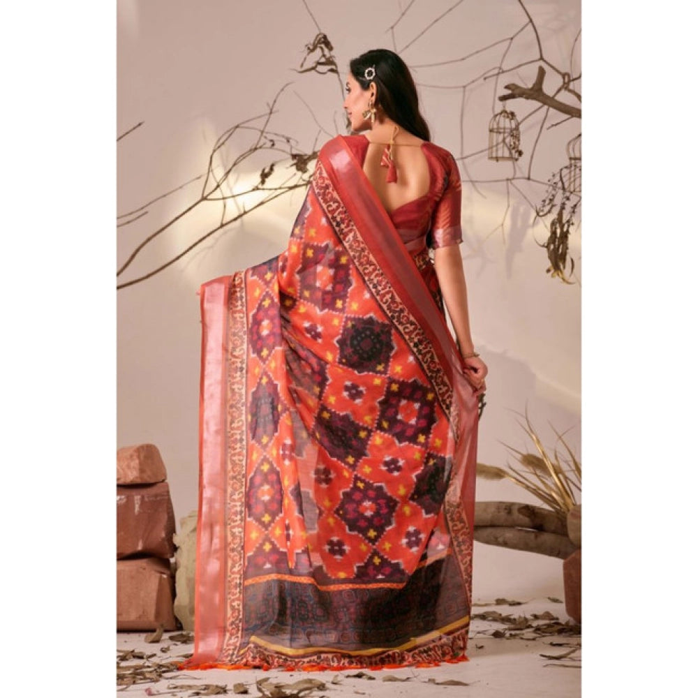 Generic Women's Faux_Linen Printed Saree With Unstitched Blouse 5.5Mtr (Red)