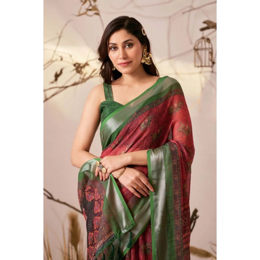 Generic Women's Faux_Linen Printed Saree With Unstitched Blouse 5.5Mtr (Maroon)