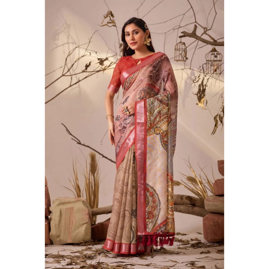 Generic Women's Faux_Linen Printed Saree With Unstitched Blouse 5.5Mtr (Light_Beige)