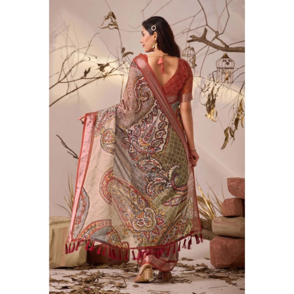 Generic Women's Faux_Linen Printed Saree With Unstitched Blouse 5.5Mtr (Light_Beige)