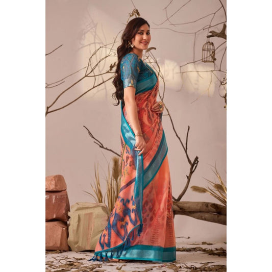 Generic Women's Faux_Linen Printed Saree With Unstitched Blouse 5.5Mtr (Peach)