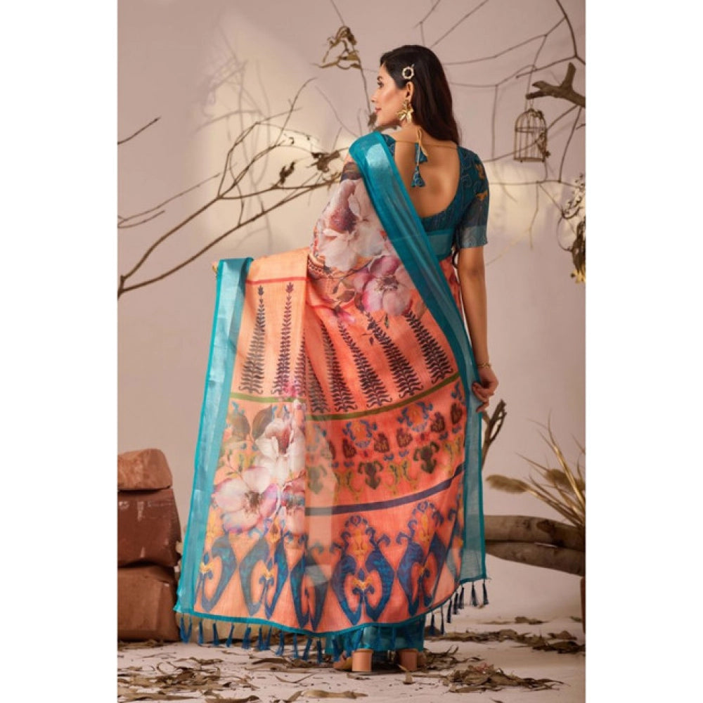 Generic Women's Faux_Linen Printed Saree With Unstitched Blouse 5.5Mtr (Peach)