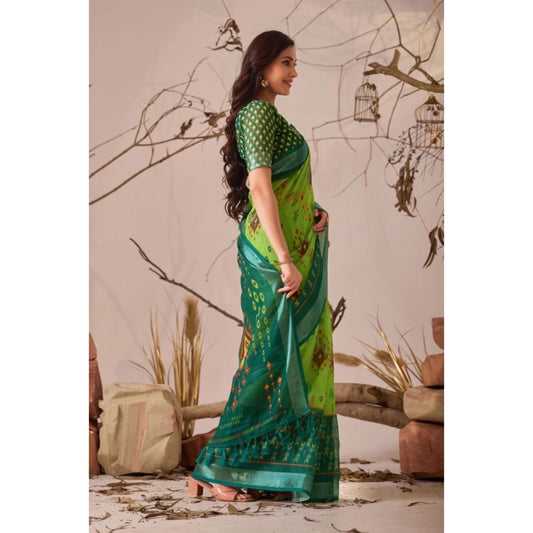 Generic Women's Faux_Linen Printed Saree With Unstitched Blouse 5.5Mtr (Green)