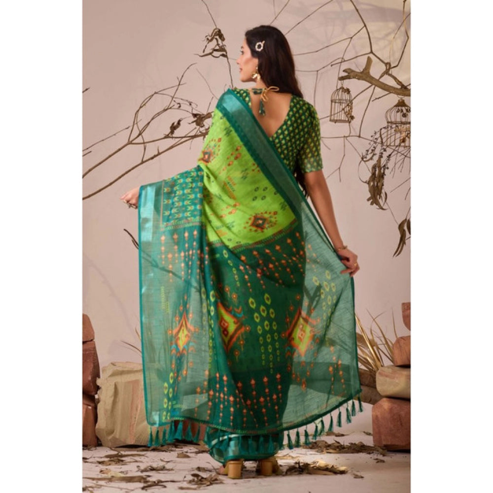 Generic Women's Faux_Linen Printed Saree With Unstitched Blouse 5.5Mtr (Green)