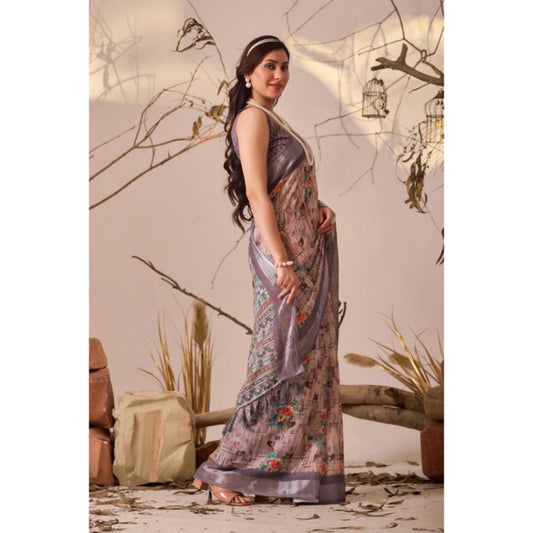 Generic Women's Faux_Linen Printed Saree With Unstitched Blouse 5.5Mtr (Mauve)