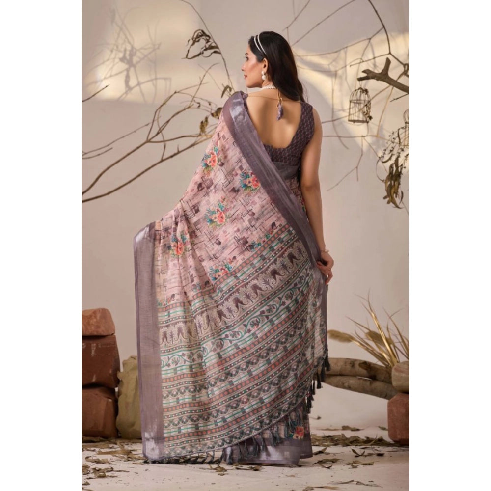 Generic Women's Faux_Linen Printed Saree With Unstitched Blouse 5.5Mtr (Mauve)