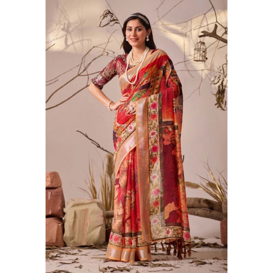 Generic Women's Faux_Linen Printed Saree With Unstitched Blouse 5.5Mtr (Red)