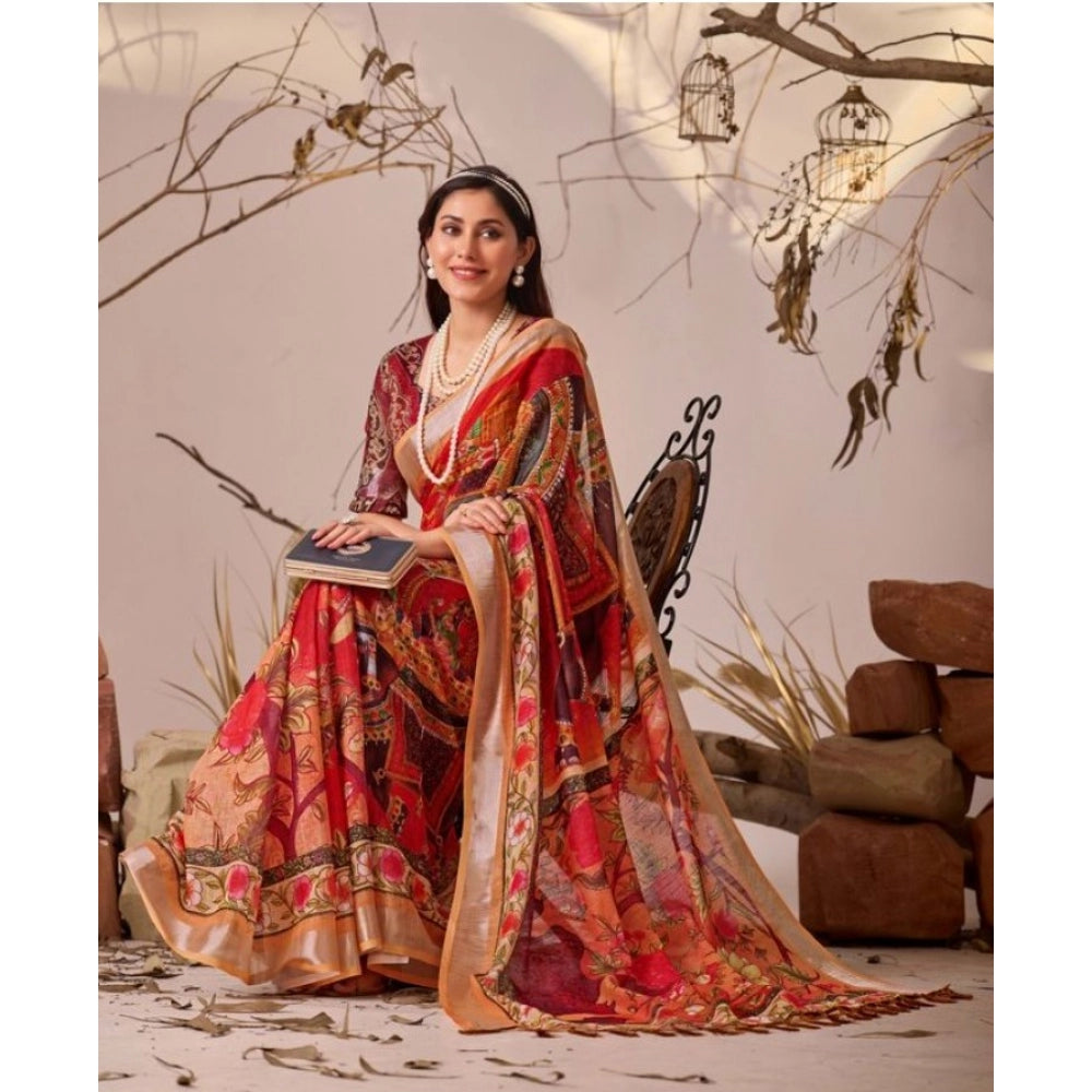 Generic Women's Faux_Linen Printed Saree With Unstitched Blouse 5.5Mtr (Red)