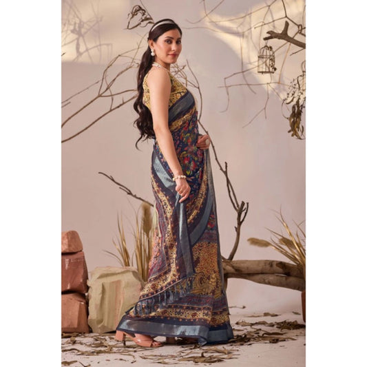 Generic Women's Faux_Linen Printed Saree With Unstitched Blouse 5.5Mtr (Navy_Blue)