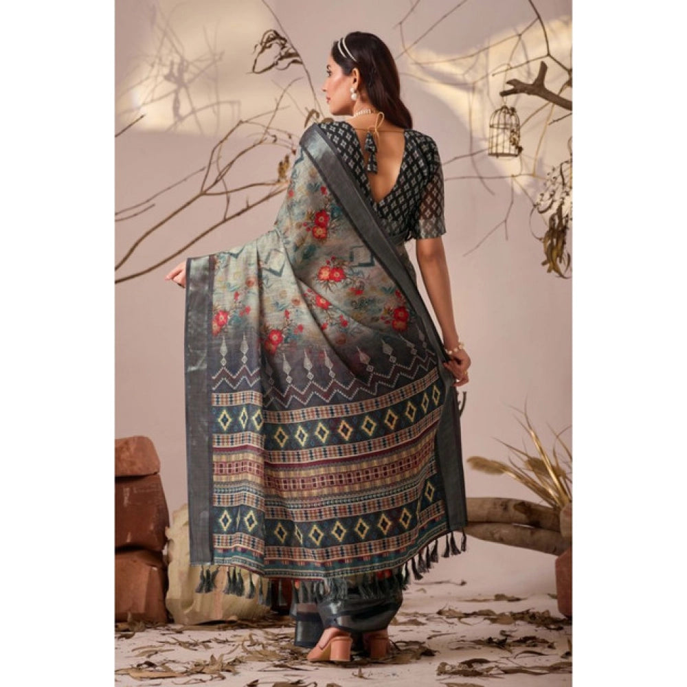Generic Women's Faux_Linen Printed Saree With Unstitched Blouse 5.5Mtr (Light_Grey)