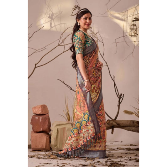 Generic Women's Faux_Linen Printed Saree With Unstitched Blouse 5.5Mtr (Orange)