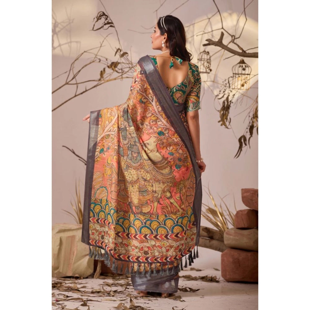 Generic Women's Faux_Linen Printed Saree With Unstitched Blouse 5.5Mtr (Orange)