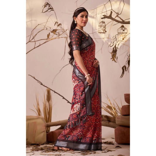 Generic Women's Faux_Linen Printed Saree With Unstitched Blouse 5.5Mtr (Red)