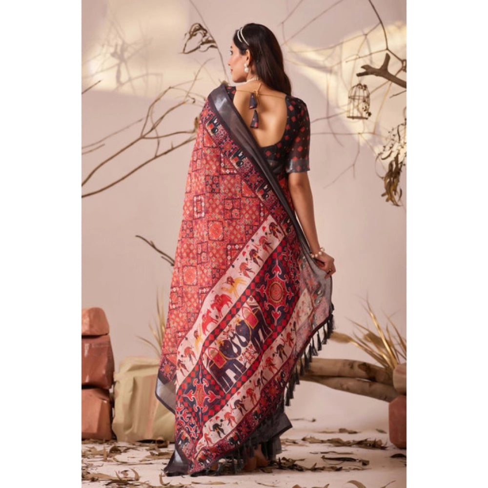 Generic Women's Faux_Linen Printed Saree With Unstitched Blouse 5.5Mtr (Red)