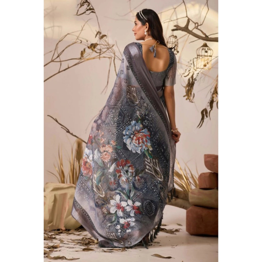 Generic Women's Faux_Linen Printed Saree With Unstitched Blouse 5.5Mtr (Light_Grey)