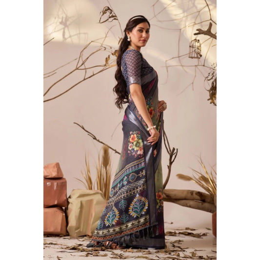 Generic Women's Faux_Linen Printed Saree With Unstitched Blouse 5.5Mtr (Navy_Blue)