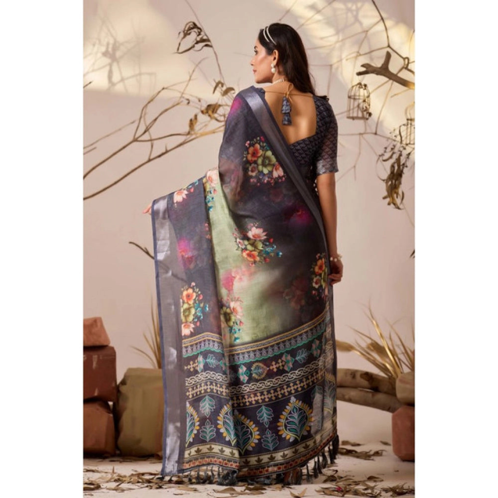 Generic Women's Faux_Linen Printed Saree With Unstitched Blouse 5.5Mtr (Navy_Blue)