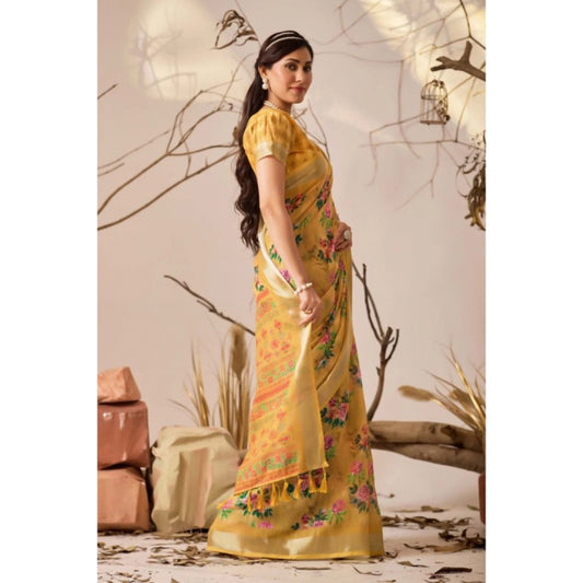 Generic Women's Faux_Linen Printed Saree With Unstitched Blouse 5.5Mtr (Gold)