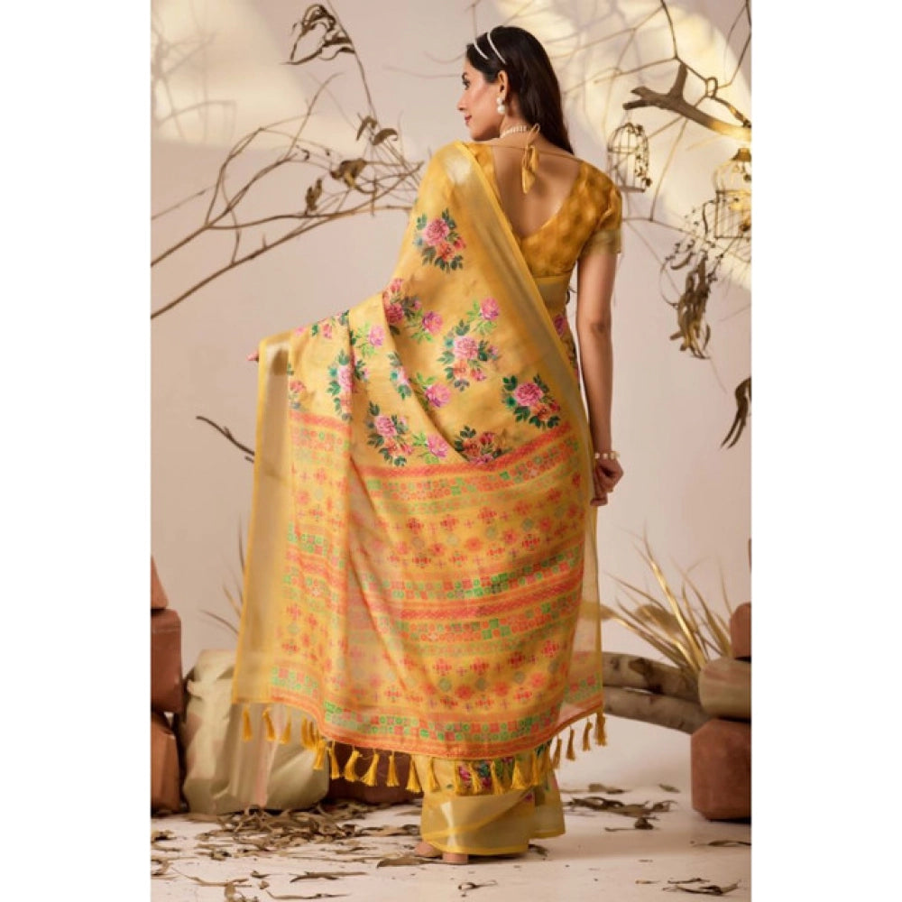 Generic Women's Faux_Linen Printed Saree With Unstitched Blouse 5.5Mtr (Gold)