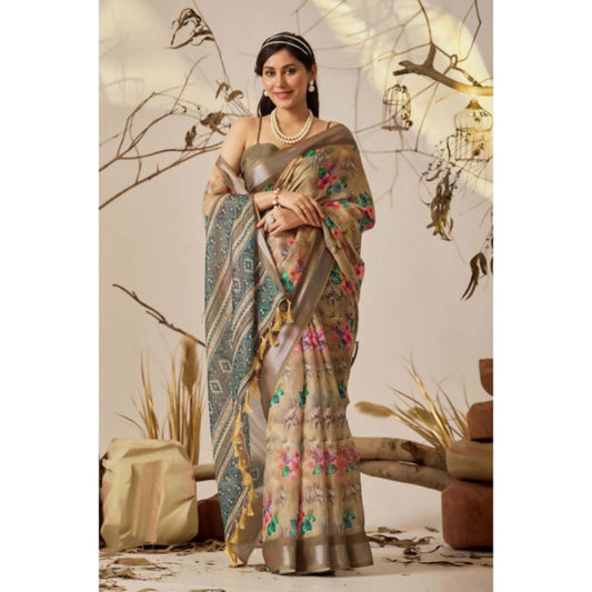 Generic Women's Faux_Linen Printed Saree With Unstitched Blouse 5.5Mtr (Beige)