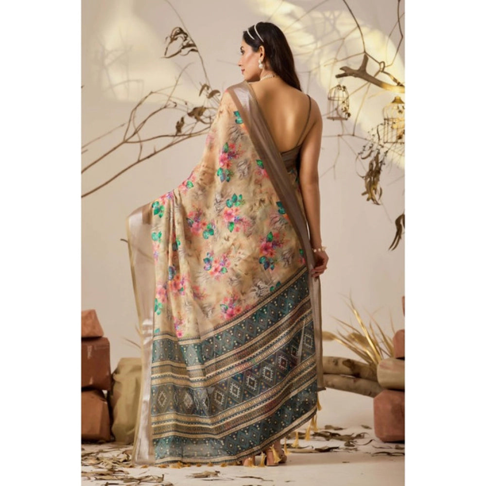 Generic Women's Faux_Linen Printed Saree With Unstitched Blouse 5.5Mtr (Beige)