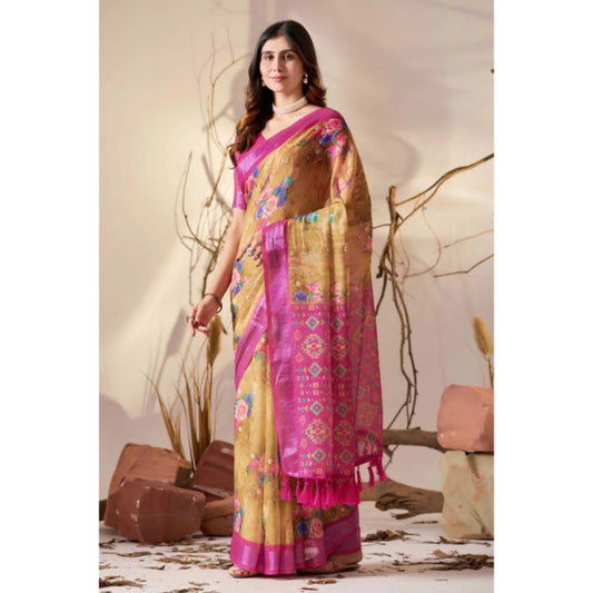 Generic Women's Faux_Linen Printed Saree With Unstitched Blouse 5.5Mtr (Gold)