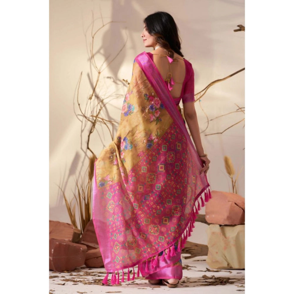 Generic Women's Faux_Linen Printed Saree With Unstitched Blouse 5.5Mtr (Gold)