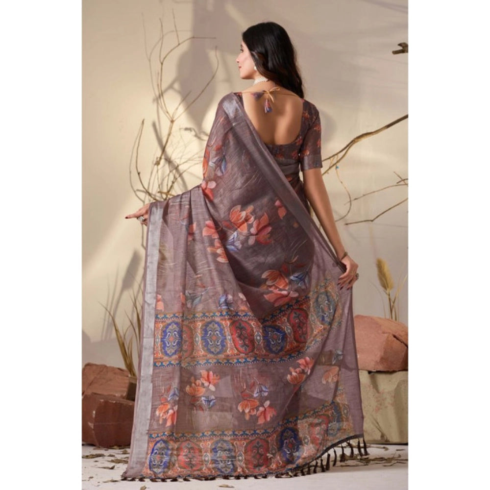 Generic Women's Faux_Linen Printed Saree With Unstitched Blouse 5.5Mtr (Light_Brown)