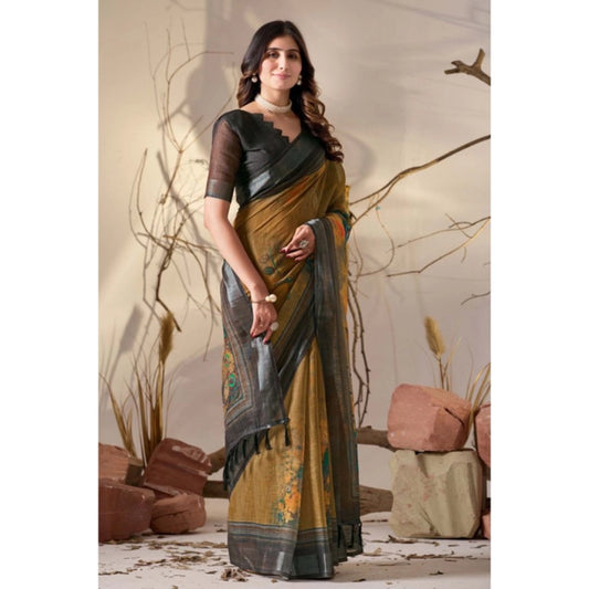 Generic Women's Faux_Linen Printed Saree With Unstitched Blouse 5.5Mtr (Mustard)