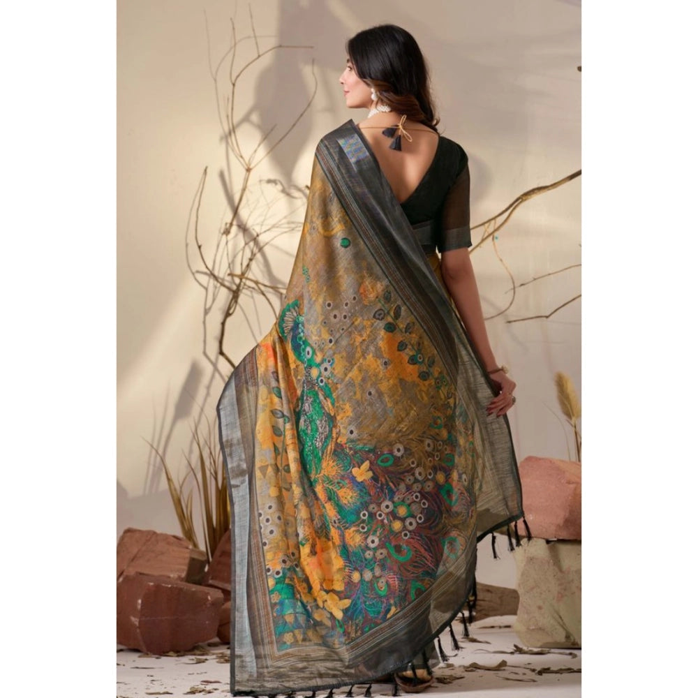 Generic Women's Faux_Linen Printed Saree With Unstitched Blouse 5.5Mtr (Mustard)
